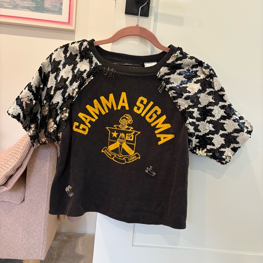 OPDNY Gamma Sigma Black and White Check Sequin Top